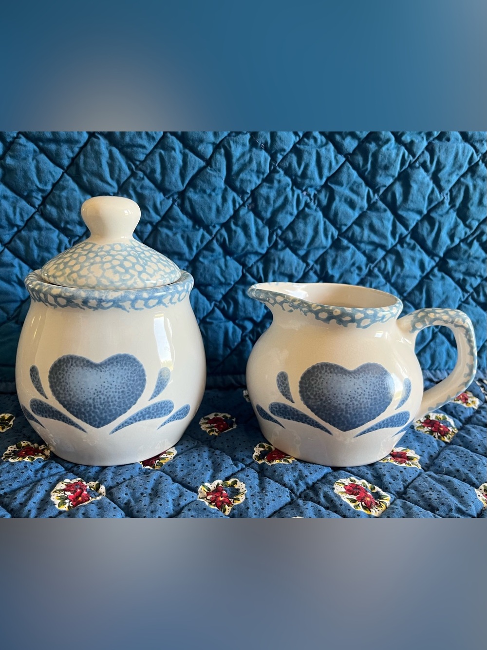 Blue Sponge Heart Cream and Sugar Set | Cottagecore | 90s Blue Heart Creamer